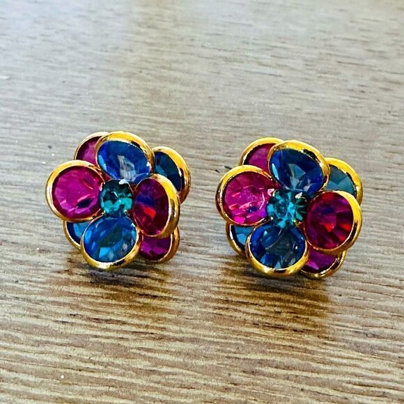 Vintage Jewel Crystal Gold Tone Stud Earrings - Picture 1 of 3